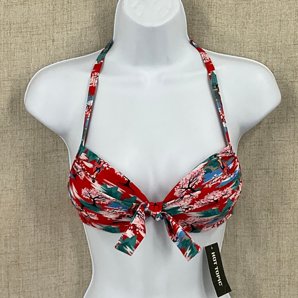 Disney Mulan Bikini Top Women XS Red Retro Halter Cherry Blossom Hot Topic